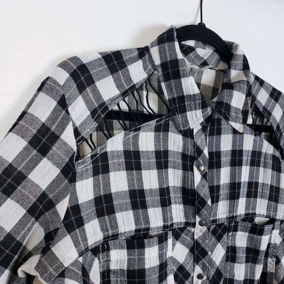 Free People Boho Western Plaid Shirt Womens XS Plaid Grunge Lace-Up Cut-Out - Picture 4 of 12